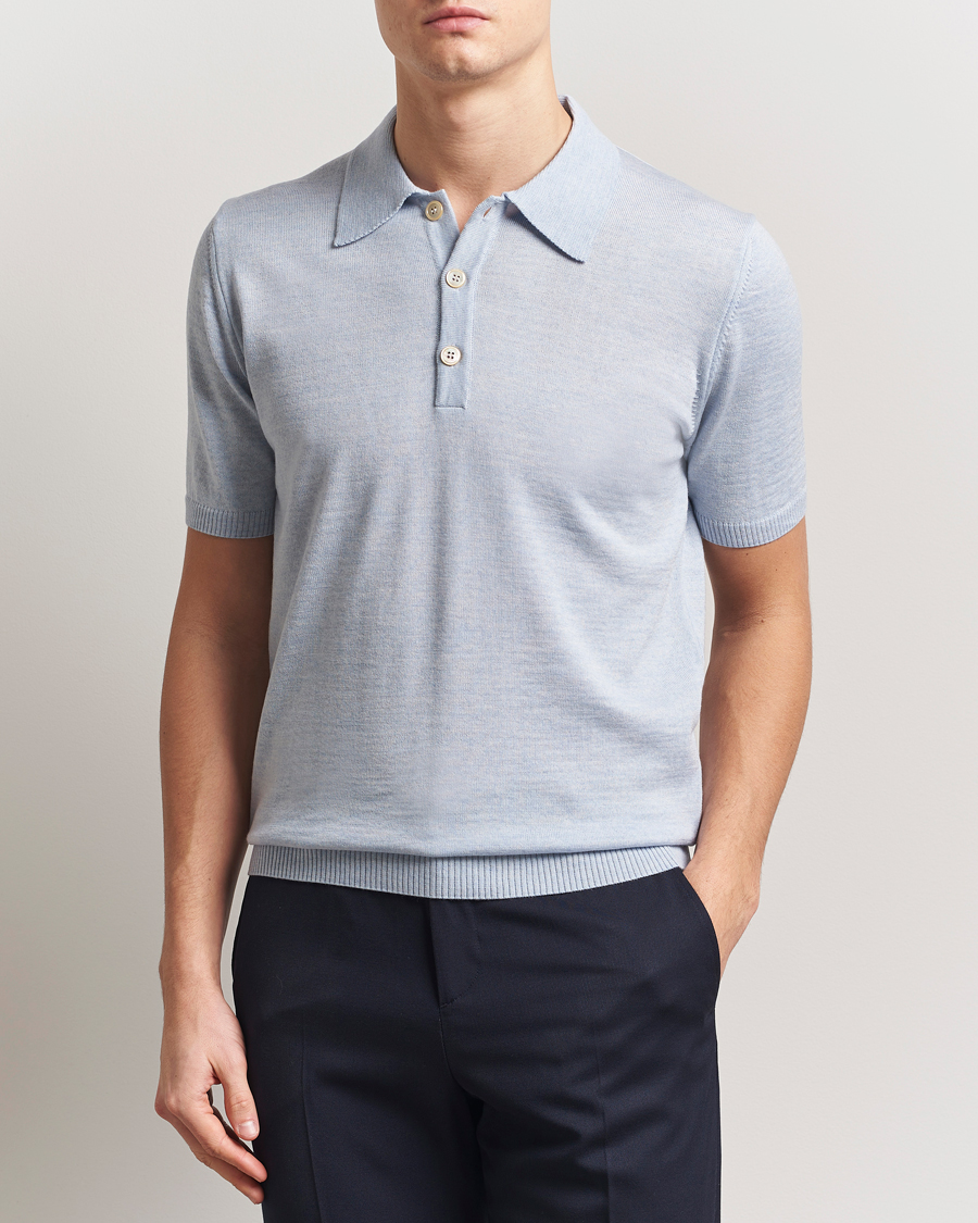 Men | Polo Shirts | Stenströms | Knitted Merino Polo Light Blue