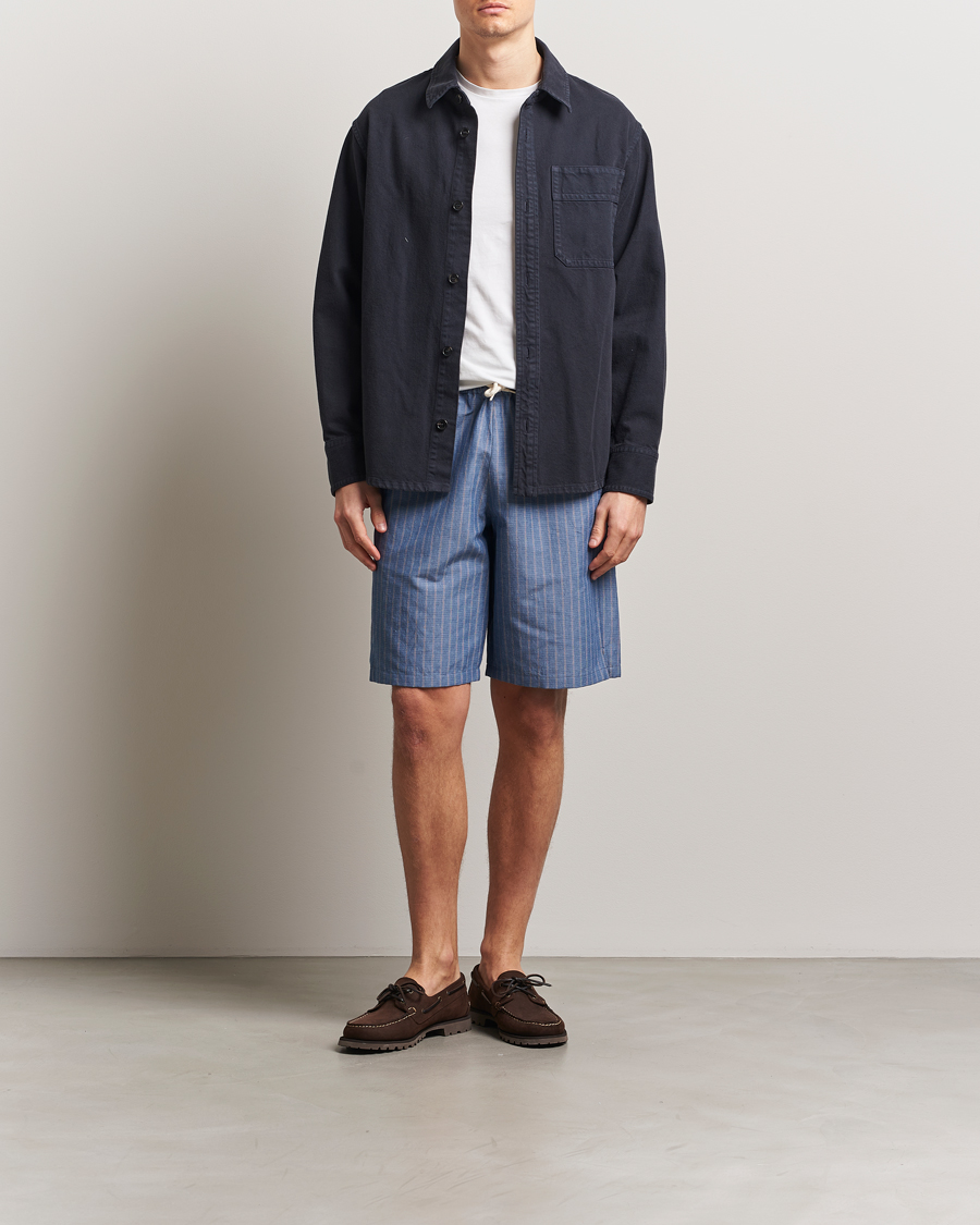 Men | Shorts | A.P.C. | Paul Cotton/Linen Striped Drawstring Shorts Blue