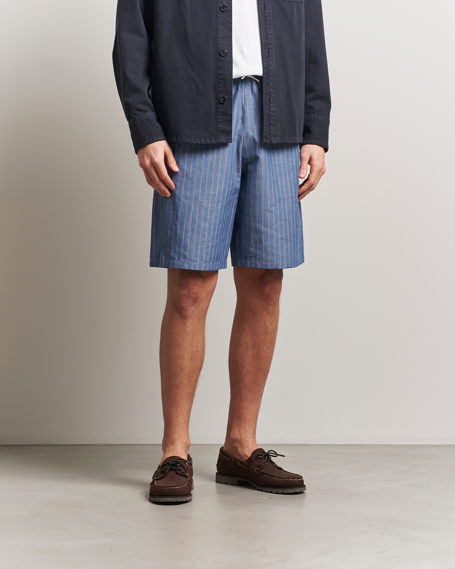 Men | Shorts | A.P.C. | Paul Cotton/Linen Striped Drawstring Shorts Blue