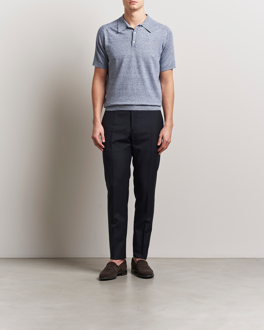 Men | Polo Shirts | Eton | Cotton/Linen Fine Knitted Polo Dark Blue