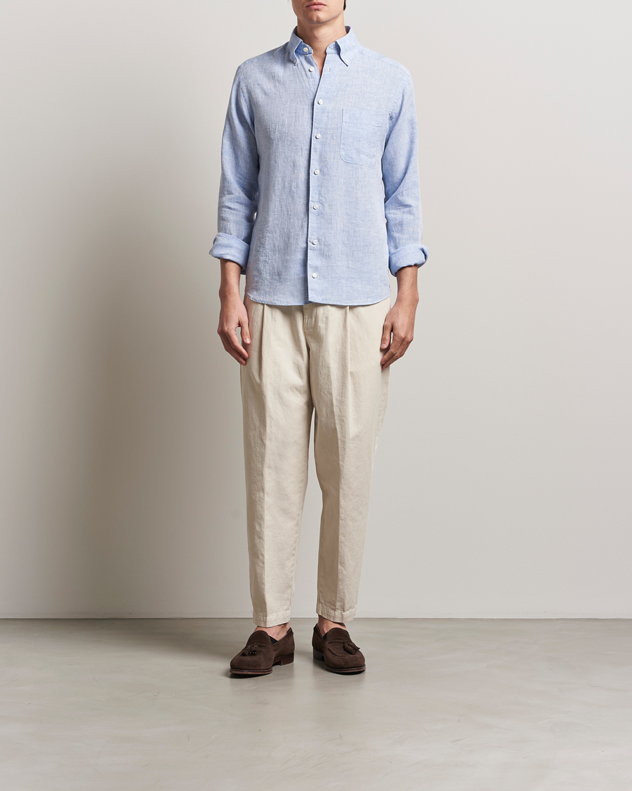 Men | Shirts | Eton | Slim Fit Linen Button Down Shirt Light Blue