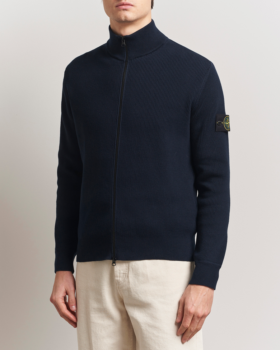 Men | Sweaters & Knitwear | Stone Island | Ribbed Soft Organic Cotton Full Zip Navy Blue