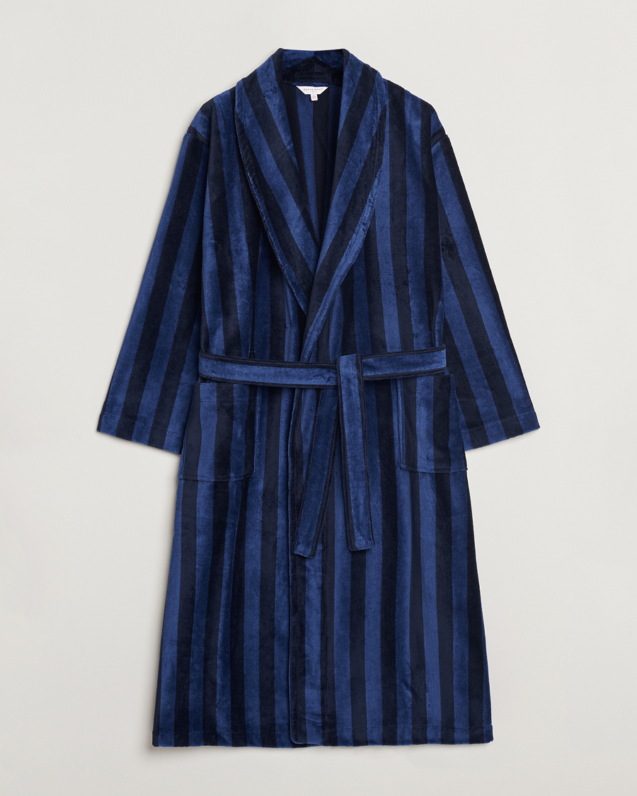 Men | Derek Rose Cotton Velour Striped Gown Navy/Blue | Derek Rose | Cotton Velour Striped Gown Navy/Blue
