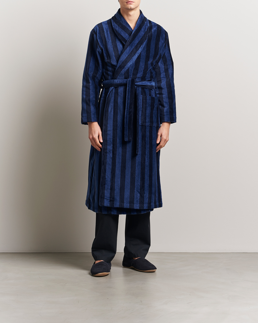 Men | Derek Rose Cotton Velour Striped Gown Navy/Blue | Derek Rose | Cotton Velour Striped Gown Navy/Blue
