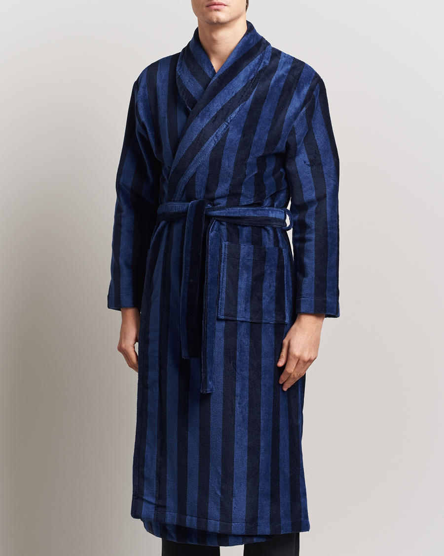 Men | Derek Rose Cotton Velour Striped Gown Navy/Blue | Derek Rose | Cotton Velour Striped Gown Navy/Blue