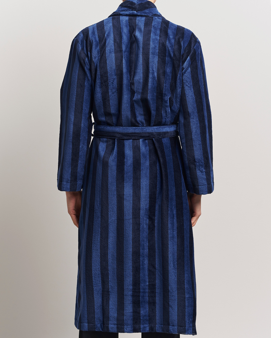 Men | Derek Rose Cotton Velour Striped Gown Navy/Blue | Derek Rose | Cotton Velour Striped Gown Navy/Blue