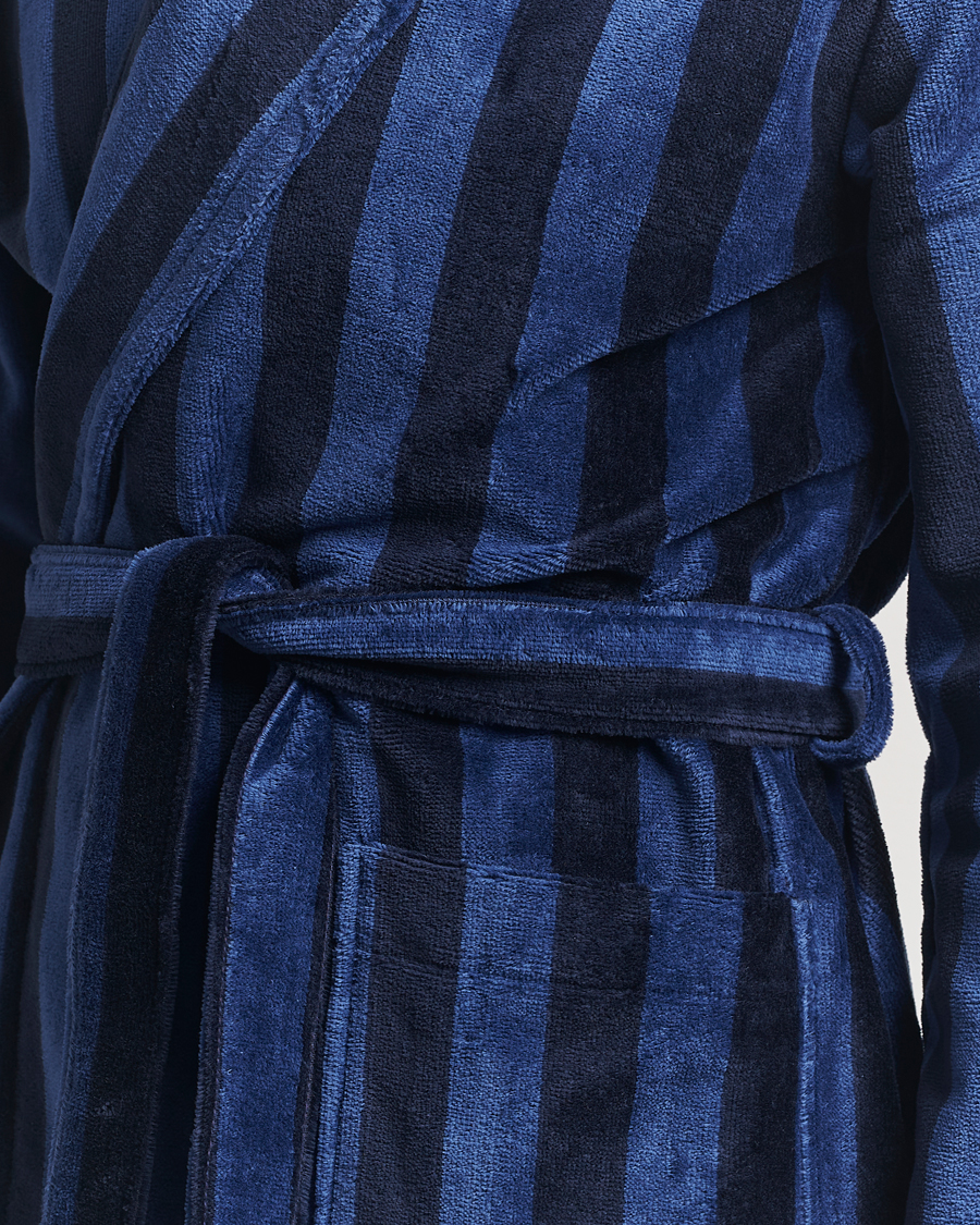 Men | Derek Rose Cotton Velour Striped Gown Navy/Blue | Derek Rose | Cotton Velour Striped Gown Navy/Blue
