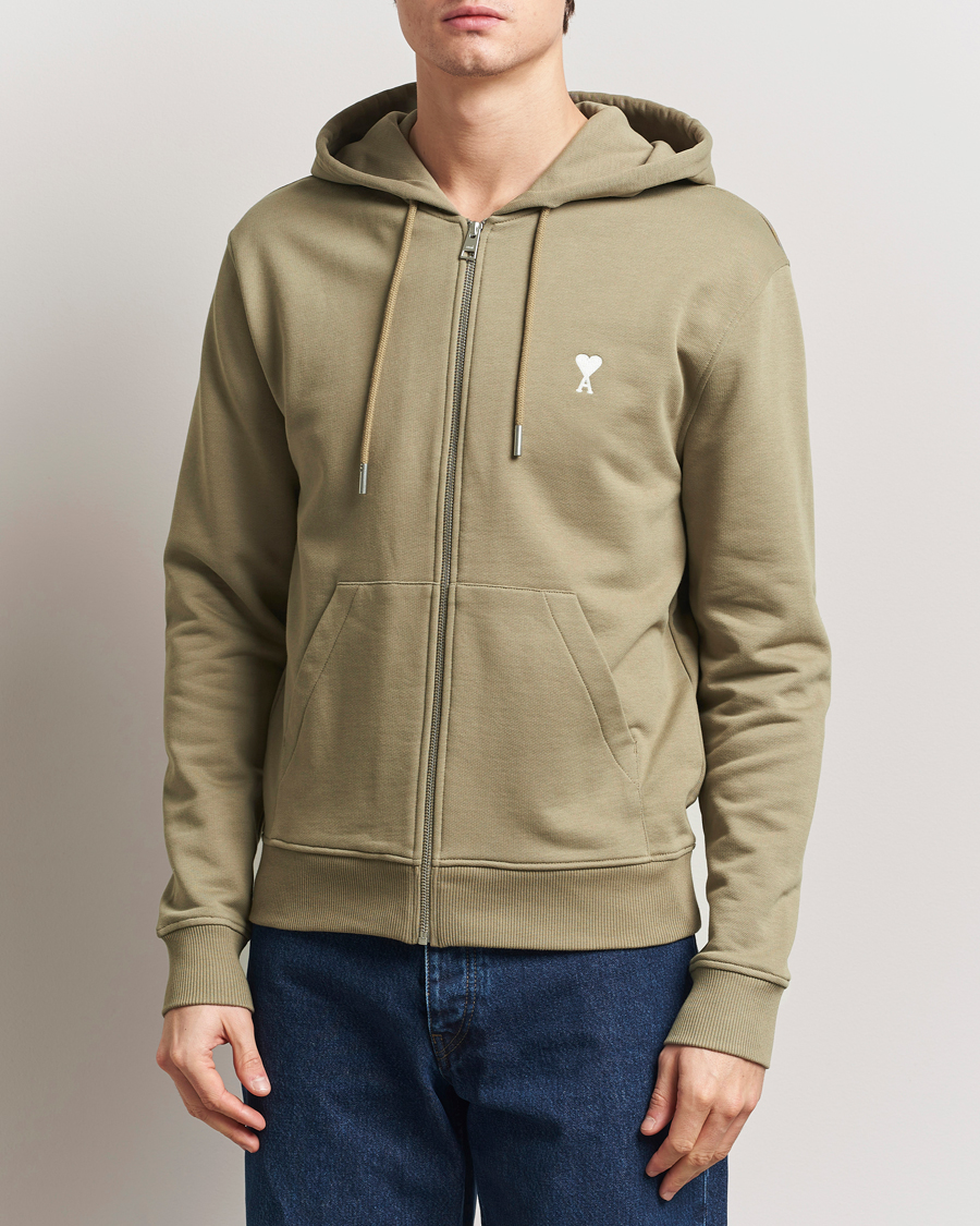 Men | Sweaters & Knitwear | AMI | Off White Heart Logo Full Zip Hoodie Beige