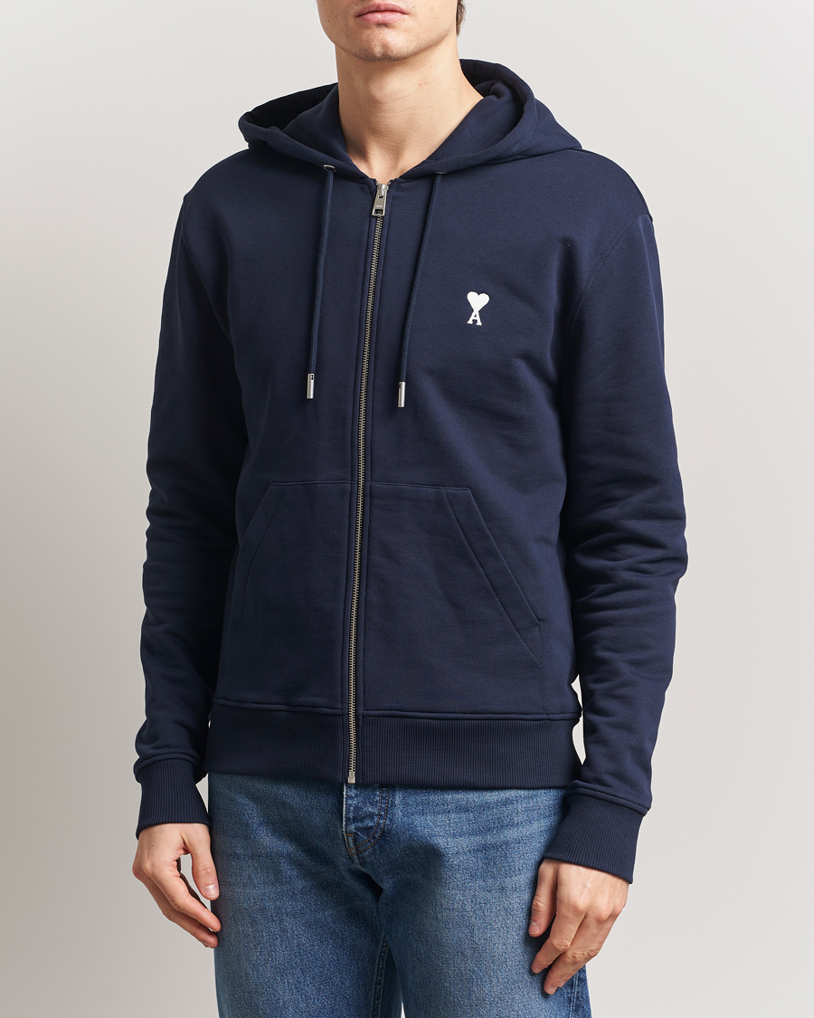 Men | Sweaters & Knitwear | AMI | Off White Heart Logo Full Zip Hoodie Night Blue