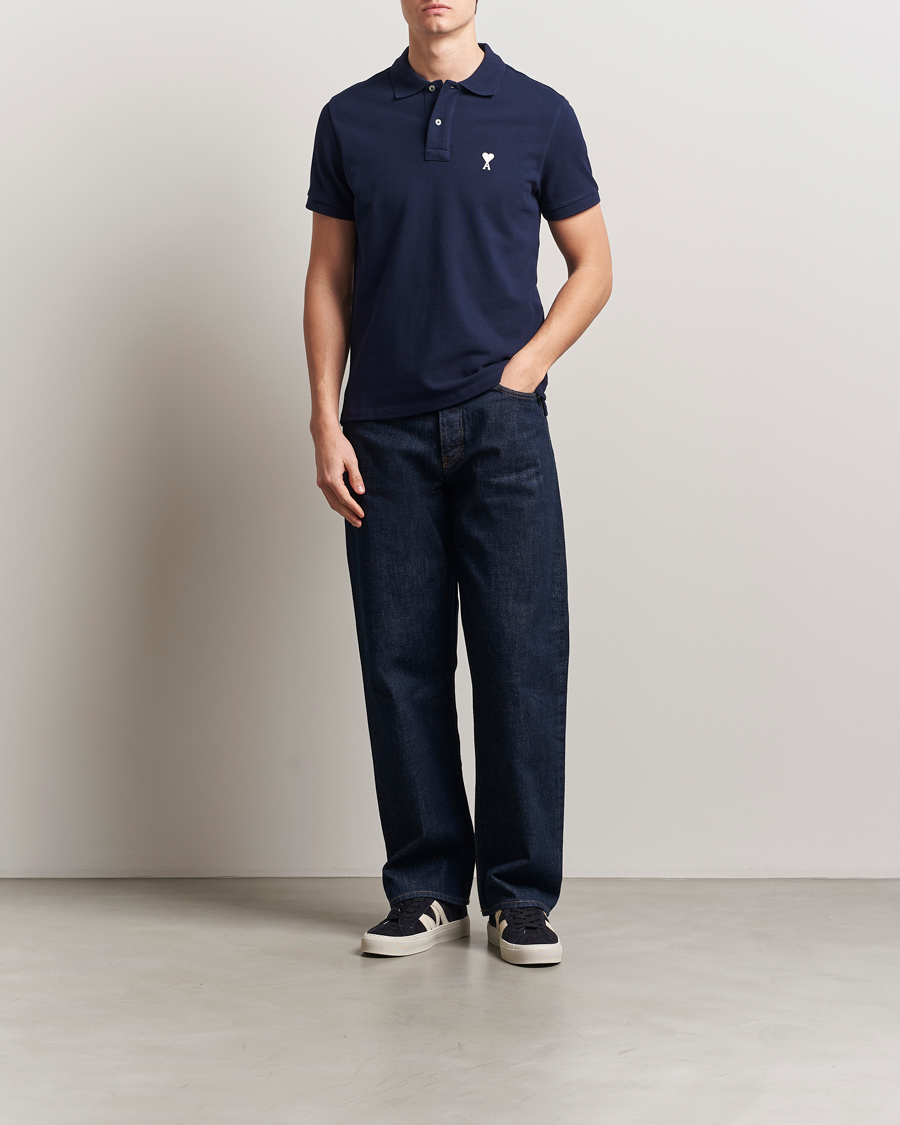Men | Polo Shirts | AMI | Off White Heart Logo Polo Night Blue
