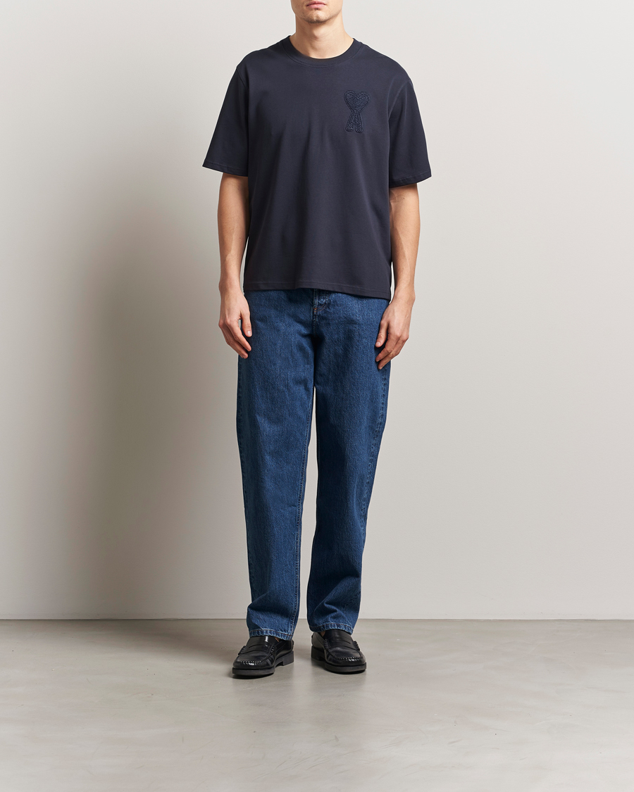 Men | T-Shirts | AMI | Bouclé Heart T-Shirt Navy Blue