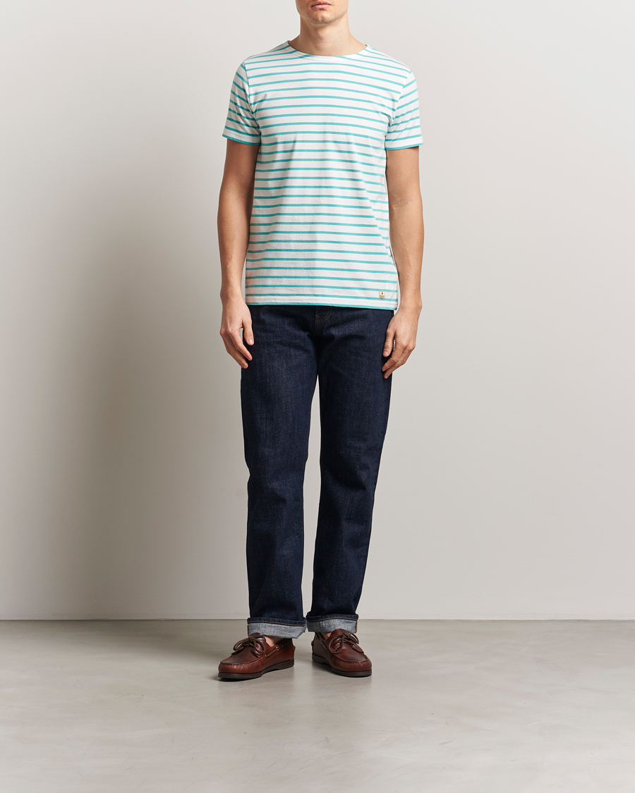 Men | T-Shirts | Armor-lux | Hoëdic Boatneck Héritage Stripe T-shirt Milk/Laguna