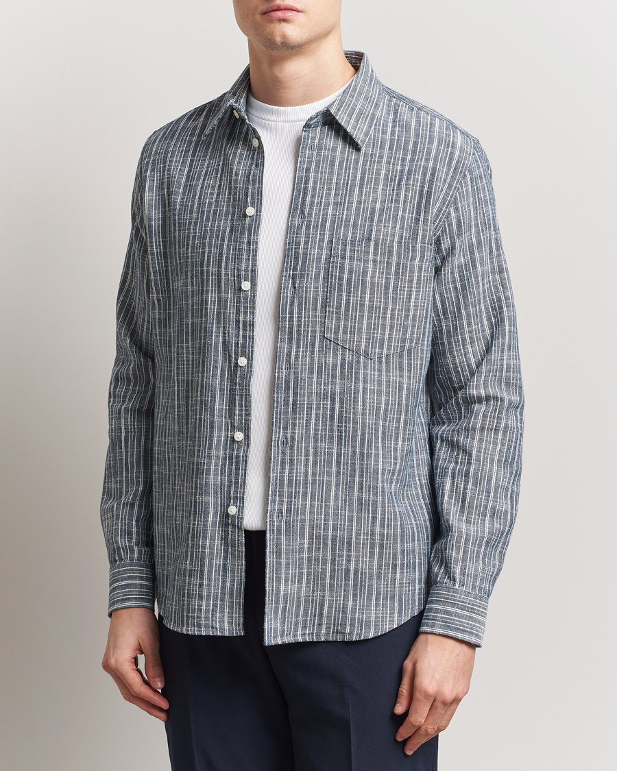 Men | Shirts | Samsøe Samsøe | Liam Cotton/Linen Striped Shirt Orion Blue