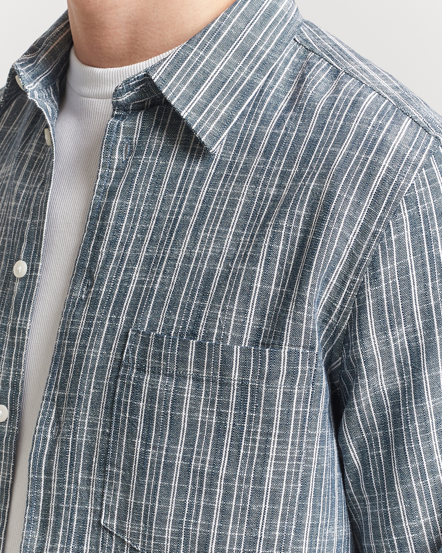 Men | Shirts | Samsøe Samsøe | Liam Cotton/Linen Striped Shirt Orion Blue