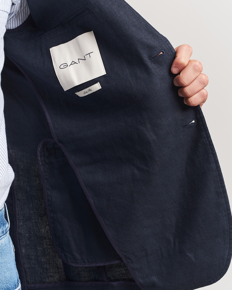Men | Blazers | GANT | Slim Fit Garment Dyed Linen Blazer Evening Blue