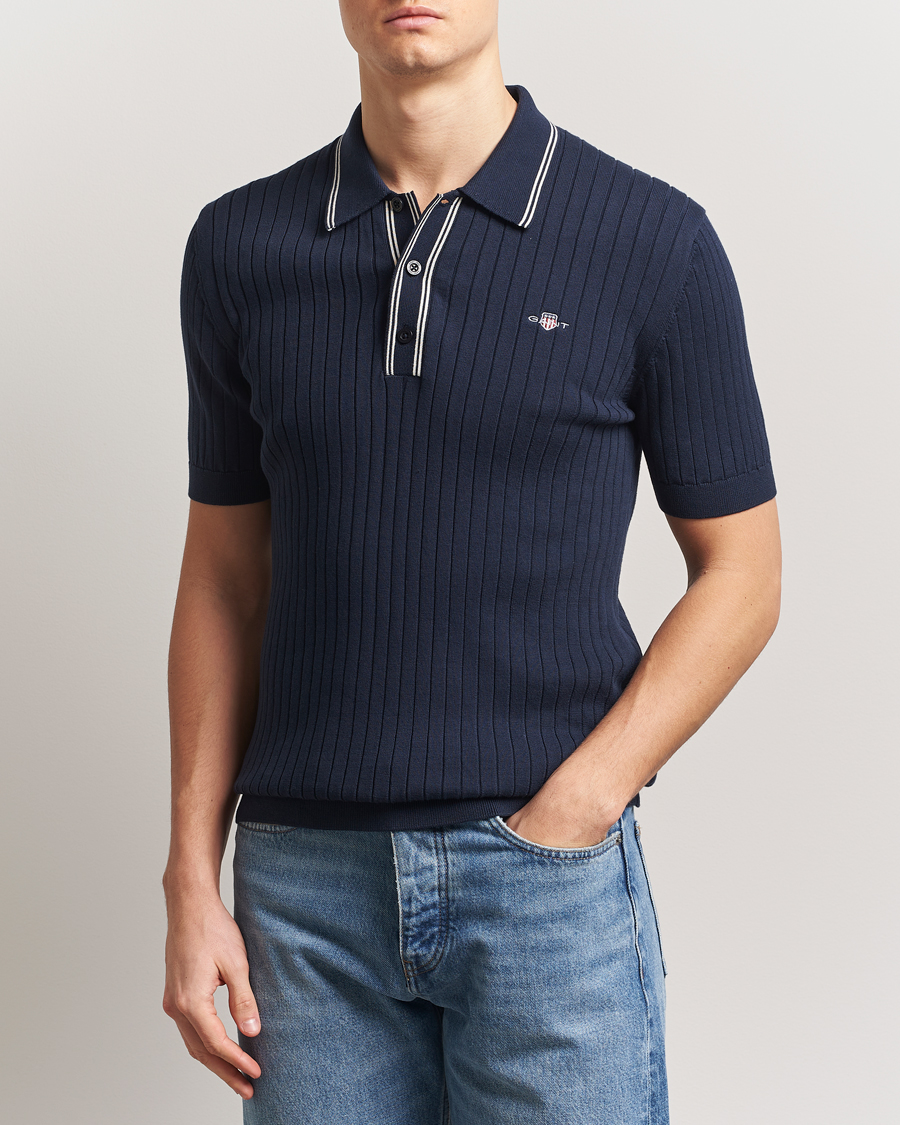 Men | Polo Shirts | GANT | Ribbed Cotton Knitted Polo Evening Blue