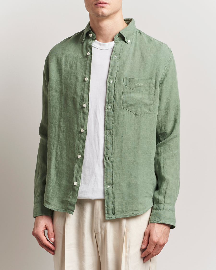Men | Shirts | GANT | Regular Fit Garment Dyed Linen Shirt Kalamata Green