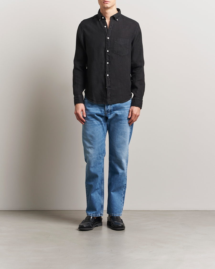 Men | Shirts | GANT | Regular Fit Garment Dyed Linen Shirt Black