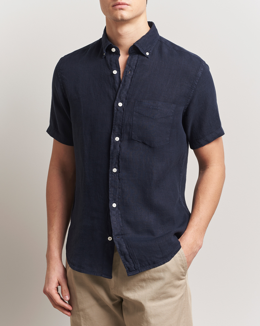 Men | Shirts | Gant | Regular Fit Garment Dyed Short Sleeve Linen Shirt Evening Blue