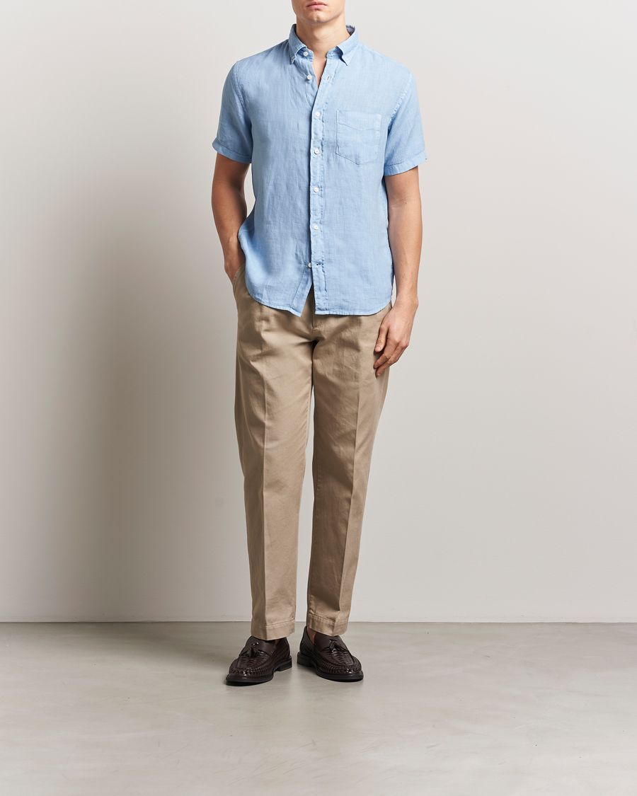 Men | Shirts | Gant | Regular Fit Garment Dyed Short Sleeve Linen Shirt Capri Blue