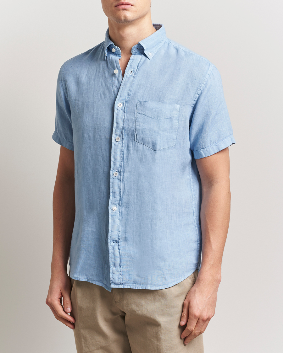 Men | Shirts | Gant | Regular Fit Garment Dyed Short Sleeve Linen Shirt Capri Blue