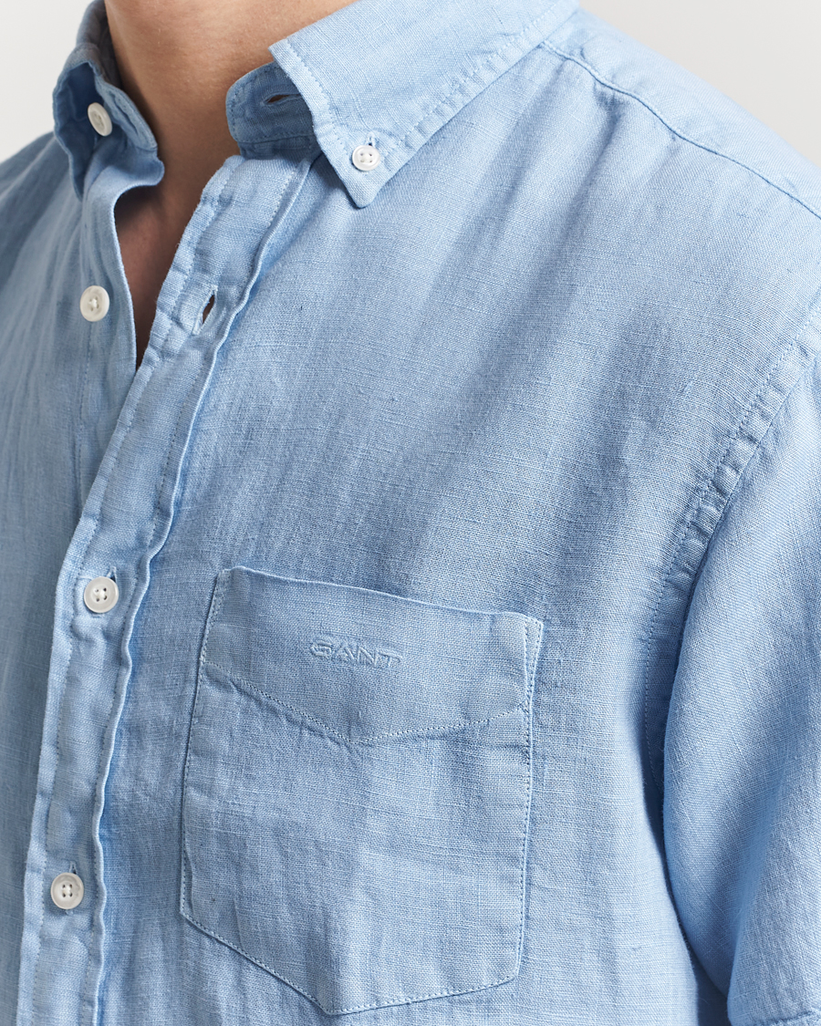 Men | Shirts | Gant | Regular Fit Garment Dyed Short Sleeve Linen Shirt Capri Blue