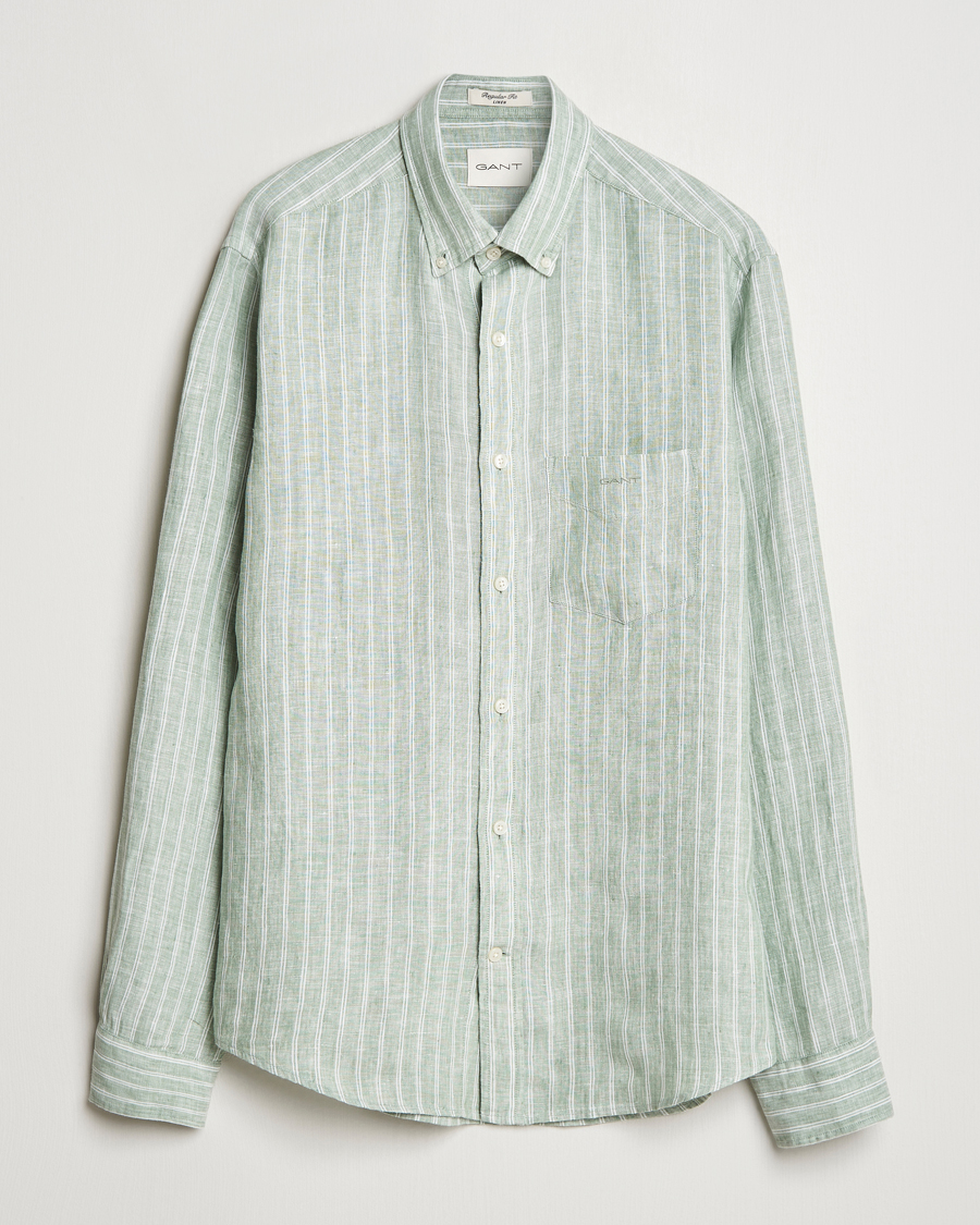 Men | Shirts | GANT | Regular Fit Linen Striped Shirt Kalamata Green