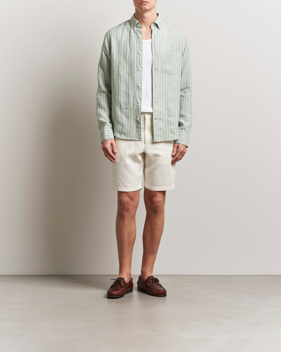 Men | Shirts | GANT | Regular Fit Linen Striped Shirt Kalamata Green