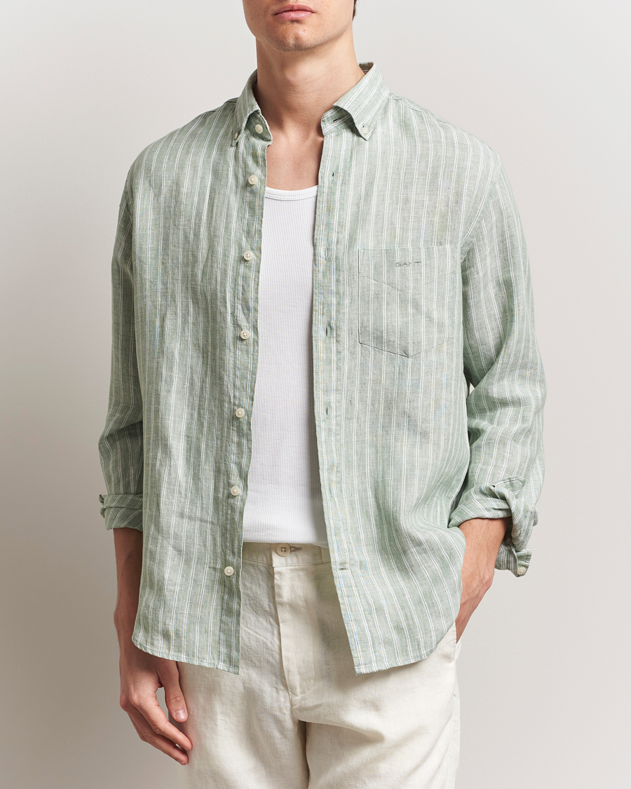 Men | Shirts | GANT | Regular Fit Linen Striped Shirt Kalamata Green