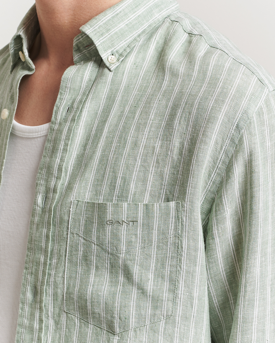 Men | Shirts | GANT | Regular Fit Linen Striped Shirt Kalamata Green