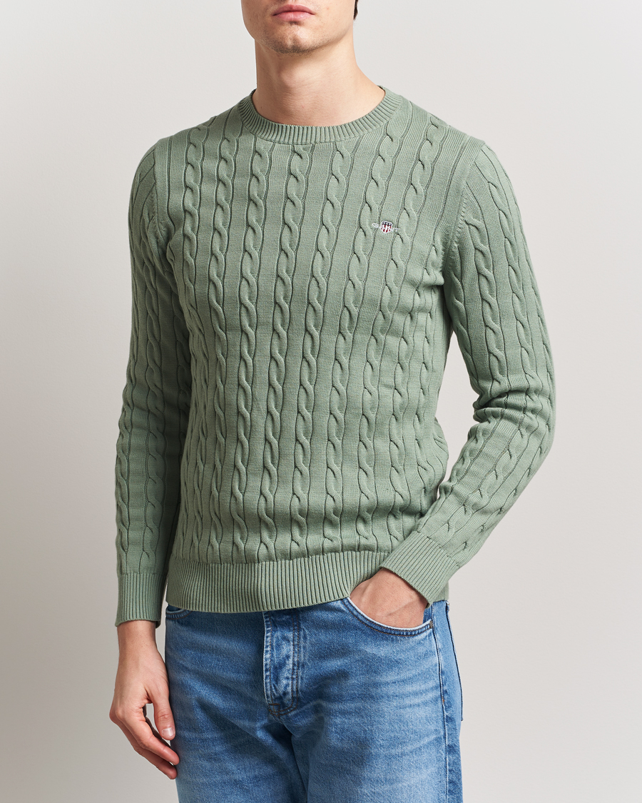 Men | Sweaters & Knitwear | GANT | Cotton Cable Crew Neck Pullover Kalamata Green