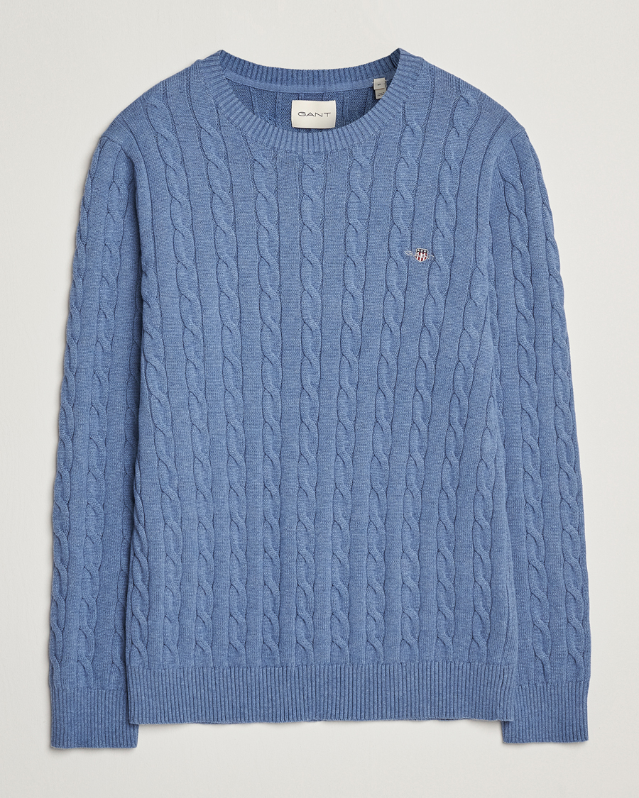 Men | Sweaters & Knitwear | GANT | Cotton Cable Crew Neck Pullover Denim Blue Melange