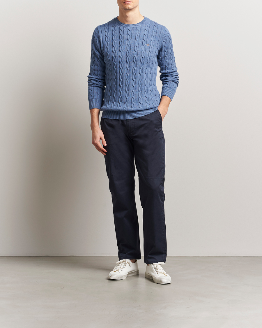 Men | Sweaters & Knitwear | GANT | Cotton Cable Crew Neck Pullover Denim Blue Melange