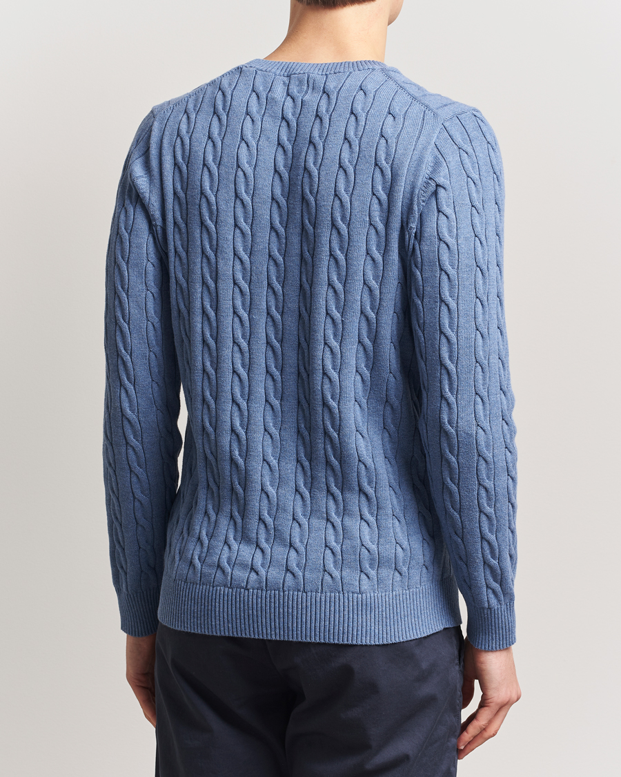 Men | Sweaters & Knitwear | GANT | Cotton Cable Crew Neck Pullover Denim Blue Melange