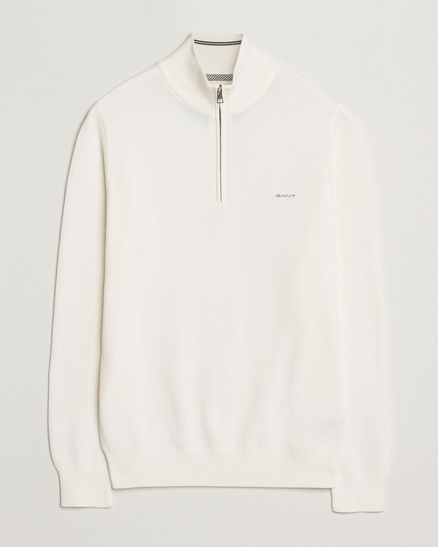Men | Sweaters & Knitwear | GANT | Cotton Pique Half Zip Eggshell