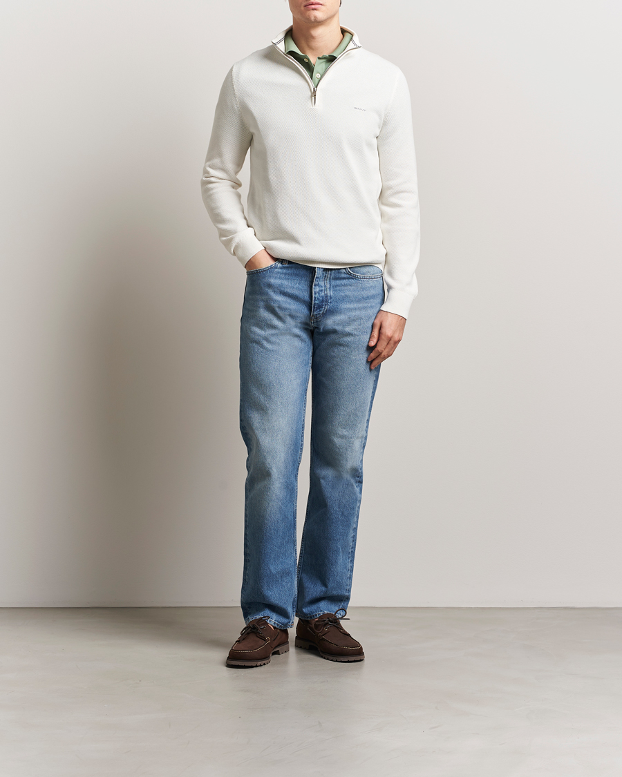 Men | Sweaters & Knitwear | GANT | Cotton Pique Half Zip Eggshell