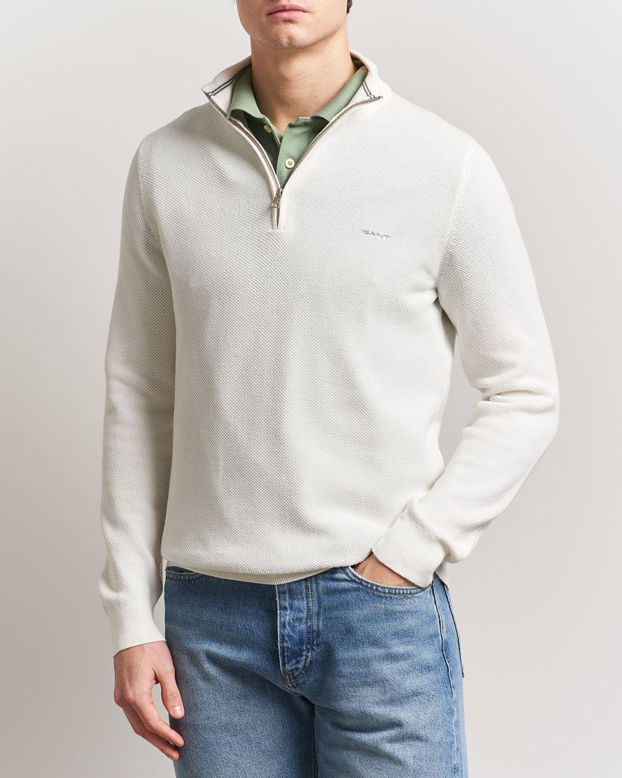 Men | Sweaters & Knitwear | GANT | Cotton Pique Half Zip Eggshell