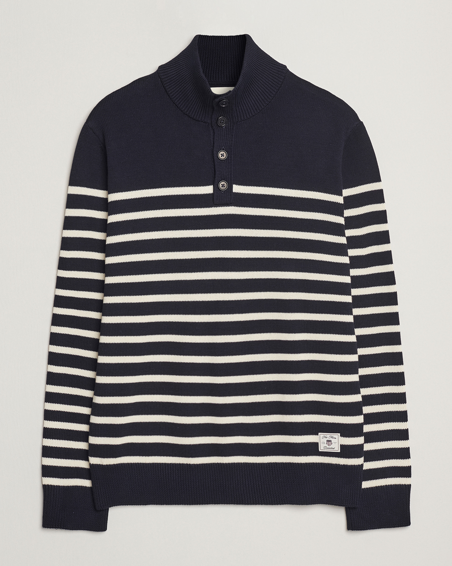 Men | Sweaters & Knitwear | GANT | Cotton Striped Knitted Sweater Evening Blue