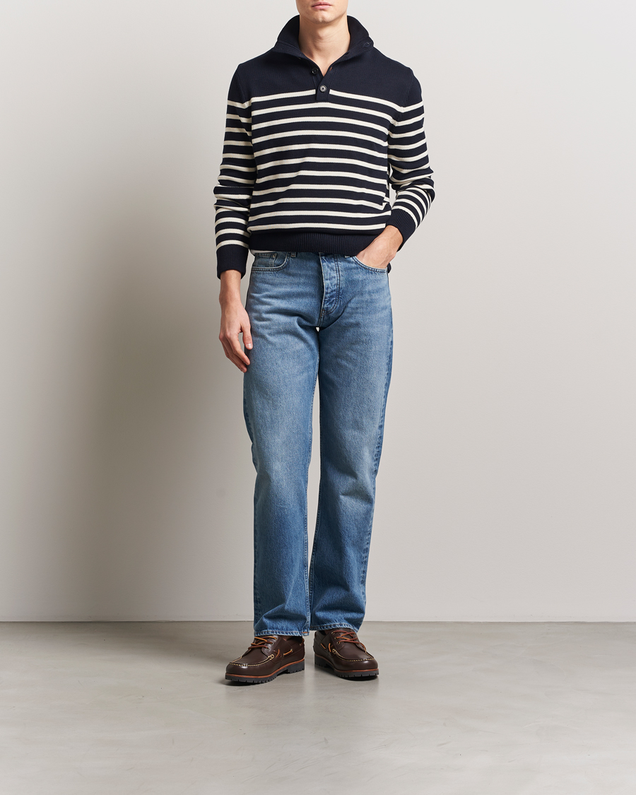Men | Sweaters & Knitwear | GANT | Cotton Striped Knitted Sweater Evening Blue