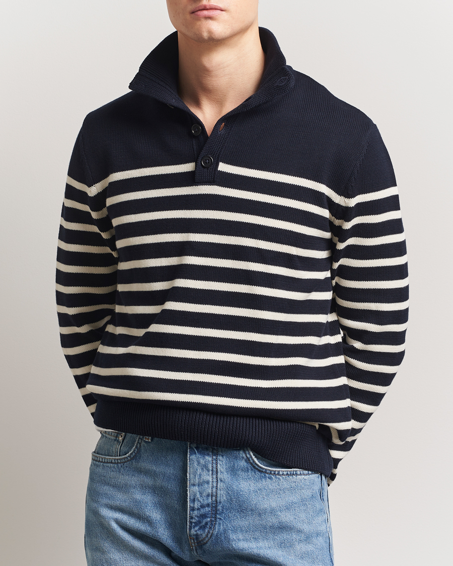Men | Sweaters & Knitwear | GANT | Cotton Striped Knitted Sweater Evening Blue