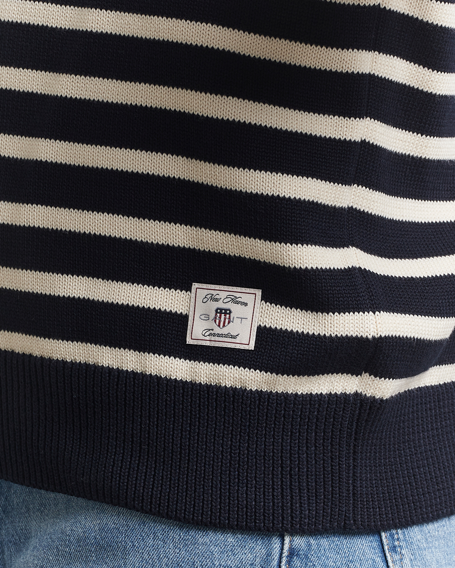 Men | Sweaters & Knitwear | GANT | Cotton Striped Knitted Sweater Evening Blue