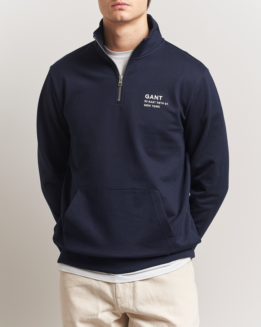 Men | Sweaters & Knitwear | GANT | Script Graphic Half Zip Sweater Evening Blue