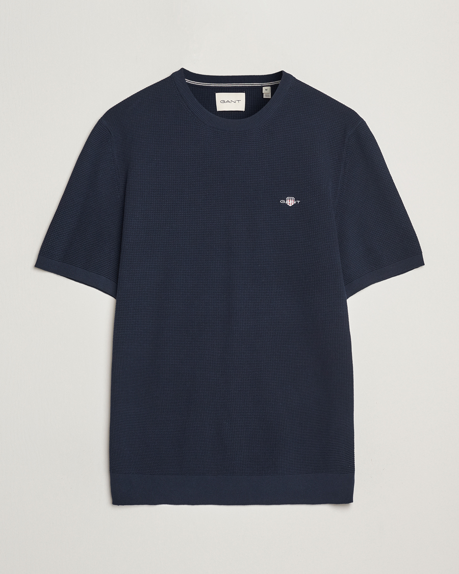 Men | T-Shirts | GANT | Micro Textured Crew Neck T-shirt Evening Blue
