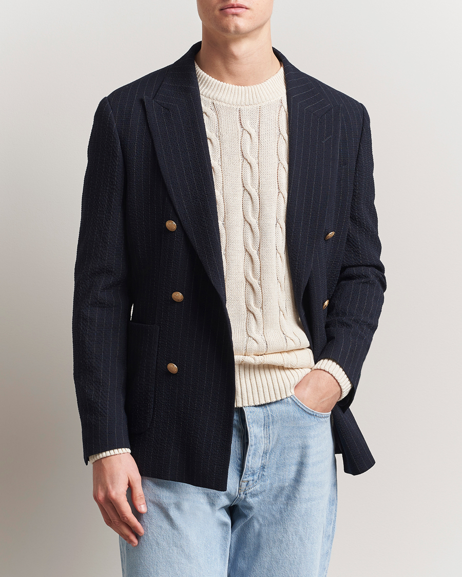 Men | Blazers | GANT | Slim Fit Seersucker Double Breasted Blazer Evening Blue