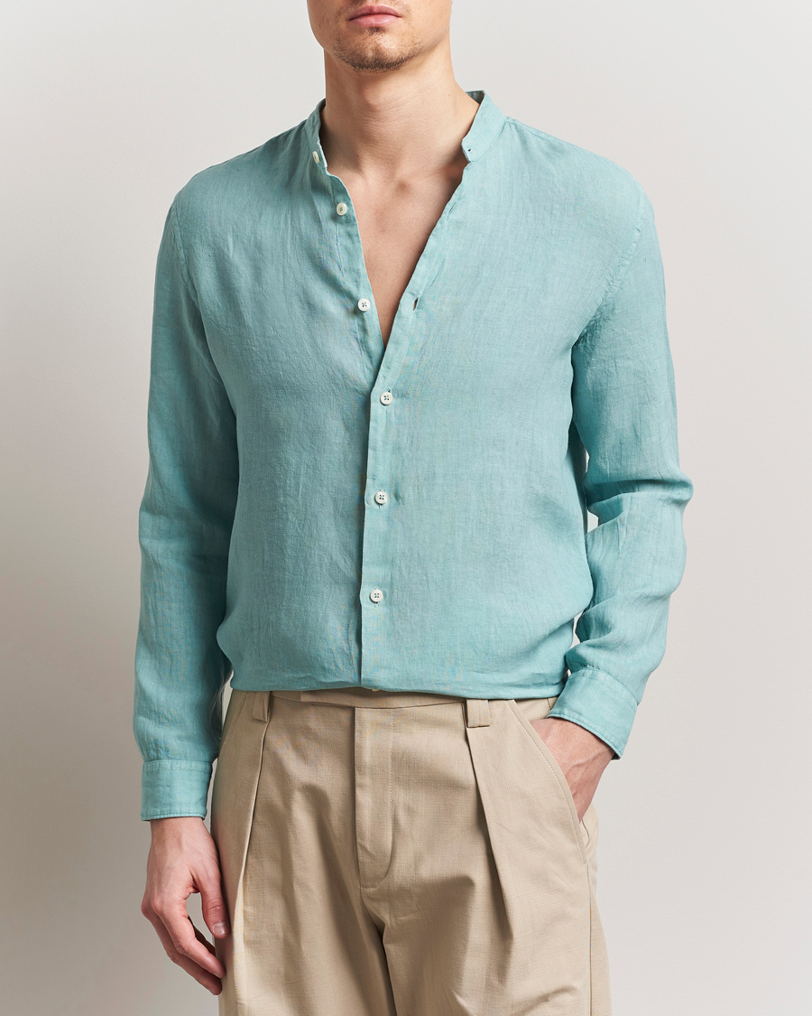 Men | Shirts | Altea | Linen Guru Collar Shirt Azzurro