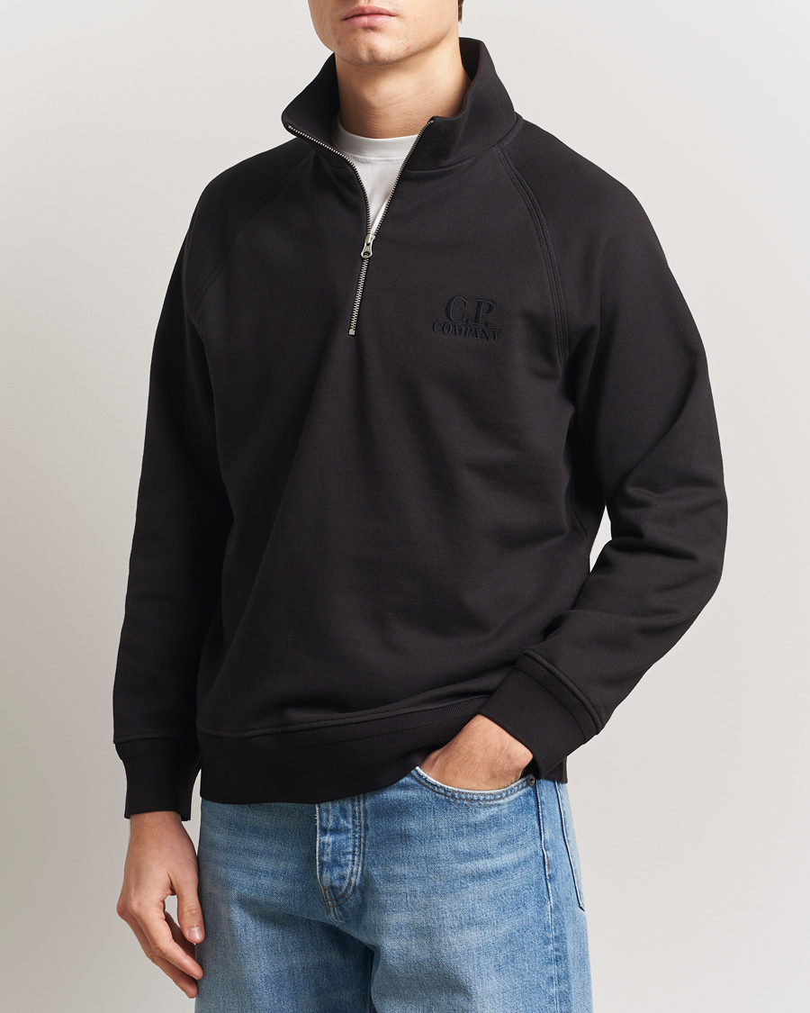 Men | Sweaters & Knitwear | C.P. Company | Diagonal Raised Fleece Half Zip Black