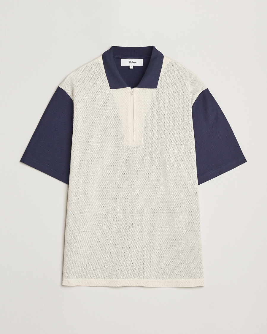 Men | Polo Shirts | Palmes | Textured Zip Polo White/Navy