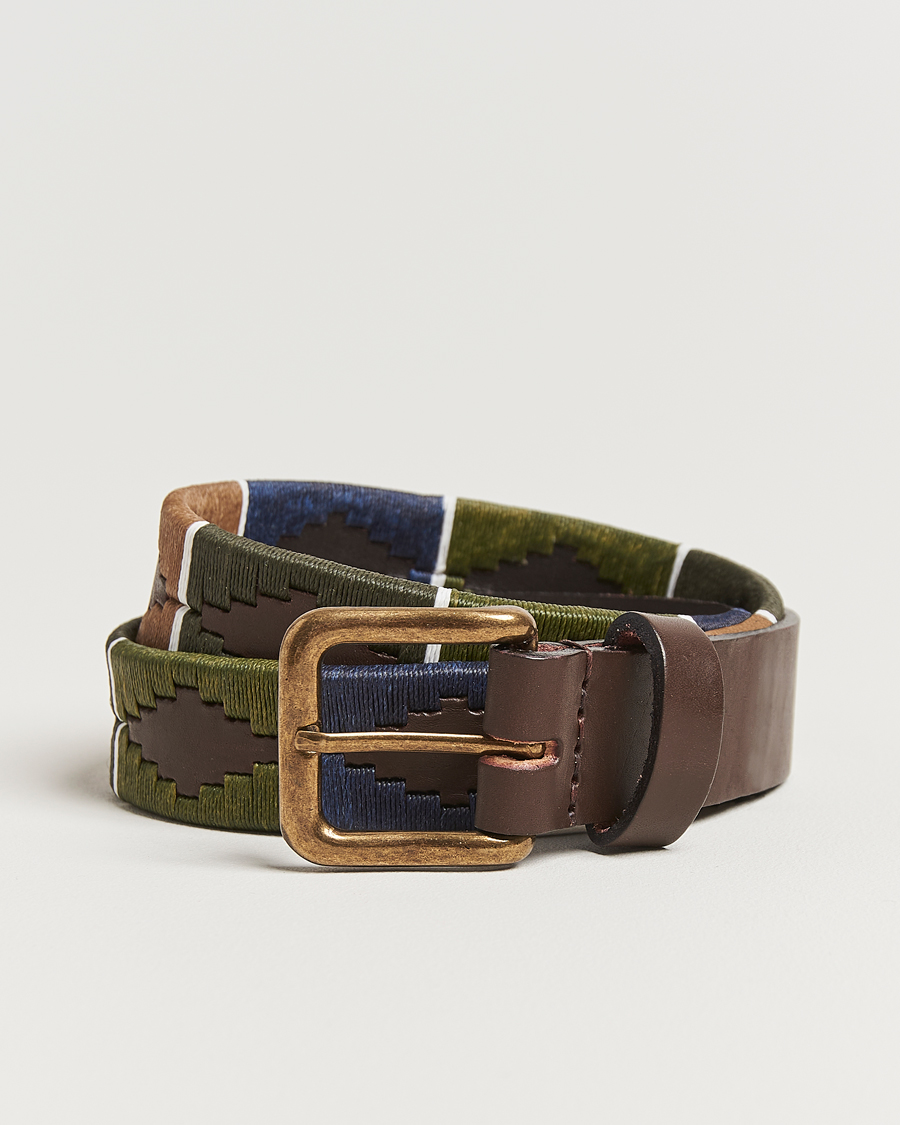 Men | Belts | Pampeano | Caza Hand Stitched Classic Leather Belt 3,5cm Green/Blue