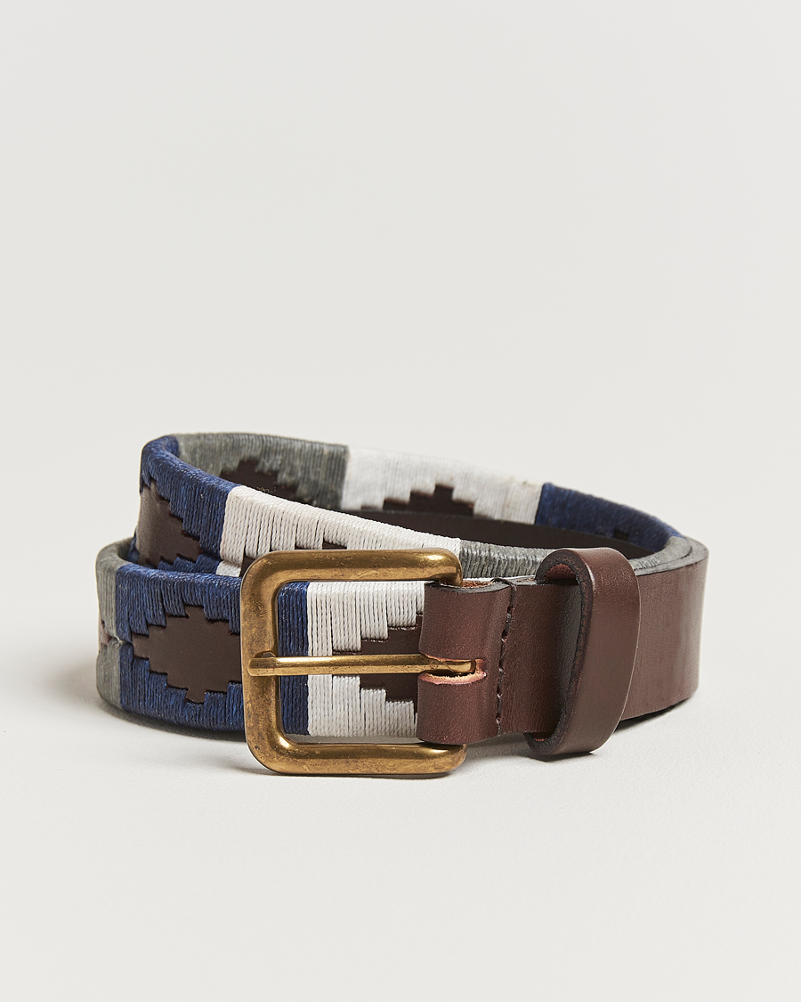 Men | Belts | Pampeano | Roca Hand Stitched Classic Leather Belt 3,5cm Blue/Grey/White