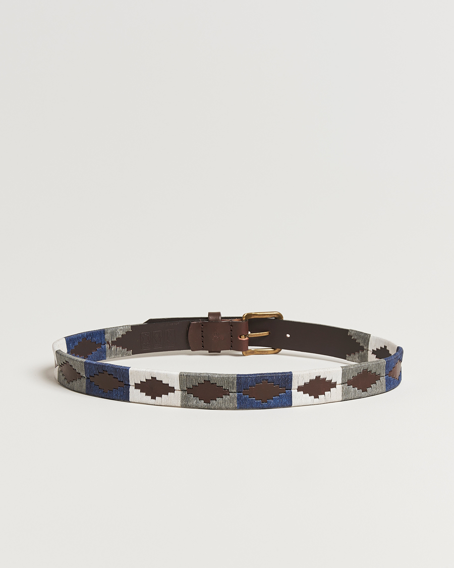 Men | Belts | Pampeano | Roca Hand Stitched Classic Leather Belt 3,5cm Blue/Grey/White